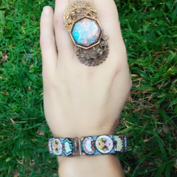 Vintage Victorian XL Brass & Turquoise Ring - Picture 3 of 7